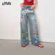 妖精的口袋涂鴉印花破洞闊腿牛仔褲女2025年夏季新款美式直筒褲子 涂鴉水洗藍色 L