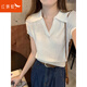 紅蜻蜓polo領(lǐng)設(shè)計感正肩上衣女裝2025年夏季新款針織T恤女短袖超薄線衫 米杏色 均碼 建議80-125斤