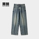 HLA海瀾之家旗下黑鯨寬松直筒牛仔褲男2024年冬季松緊褲腰長(cháng)褲男