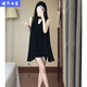 茵侈法式感氣質(zhì)絕美顯瘦御姐風(fēng)寬松雪紡黑色掛脖吊帶連衣裙子女夏 黑色上衣 944 L