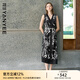顏域黑白印花無(wú)袖連衣裙2025年早春新款氣質(zhì)優(yōu)雅中長(cháng)款V領(lǐng)裙子女 黑花 L