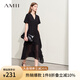 AMII2025夏V領(lǐng)雪紡裙連衣裙女微透拼接不對稱(chēng)裙子小黑裙12442208 黑色 165/88A/L