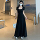 妙奕嘉法式赫本風連衣裙女黑色長裙大碼顯瘦小個子裙子2025夏季新款氣質 收腰顯瘦赫本風短袖長裙【黑色】 XL 【建議85-115斤以內】