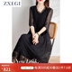 ZXEGI高檔重磅桑蠶絲100%連衣裙女夏季時(shí)尚黑色重工刺繡真絲裙子女 黑色 2XL （121-135斤）