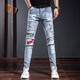 suohuang索皇 牛仔褲男士淺色印花破洞修身小腳高端休閑長(cháng)褲子 印花款藍色 29碼(推薦108-118斤修身)