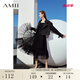 AMII2025秋新款浪漫仙女風(fēng)橡筋腰不規(guī)則擺網(wǎng)紗半身裙女中長裙子 黑色 160/68A/M