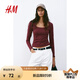 H&M女裝T恤夏季時尚復(fù)古休閑方領(lǐng)顯瘦法式打底衫長袖上衣1089811 酒紅色 160/88