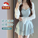 泉碧焱泳衣女裙式帶胸墊連體顯瘦露背遮肚子海邊泡溫泉保守帶罩衫泳裝 淡藍色 均碼 【建議85-120斤】