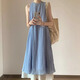 素織錦無袖連衣裙女夏季高級感海邊度假穿搭沙灘裙背心裙孕婦吊帶裙長裙 假兩件條紋背心連衣裙【藍色】 M 【推薦體重80-105斤】