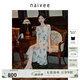 納薇（naivee）【法式中國(guó)風(fēng)】印花V領(lǐng)短袖連衣裙萊賽爾收腰新款花鳥印花連衣裙 米色 S