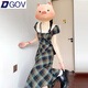 DGOV法式復(fù)古方領(lǐng)格子連衣裙子女夏季2025新款小個(gè)子收腰顯瘦氣質(zhì)長裙 連衣裙 S 40/45kg