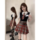 皓娥 美式辣妹學(xué)院風(fēng)JK制服套裝女兩件套夏季假兩件上衣格子半身裙子 套裝【上衣+紅格裙+皮帶+領(lǐng)帶】 M 建議：98斤以下