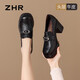 ZHR頭層牛皮樂福鞋女粗高跟英倫單鞋女百搭褶皺女鞋 S636 尊貴黑 36 