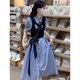 鏡莎裙子女夏季2025新款學(xué)院風(fēng)條紋襯衫假兩件連衣裙收腰顯瘦學(xué)生長(cháng)裙 藍色 均碼 【可備注碼數】