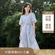 茵曼（INMAN）夏季法式收腰提花肌理女裝方領連衣裙文藝風泡泡袖裙子 藍色 M