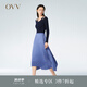 OVV2023春夏新款女裝優(yōu)雅浪漫針?biāo)笃唇蛹賰杉L(zhǎng)袖針織連衣裙 藏青鑲拼11 M
