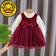 G.DUCKKIDS女童連衣裙春秋款抓周歲女寶寶禮服女孩秋裝兒童公主衣服秋季裙子 薄款春秋酒紅蝴蝶結裙子套裝 100 適合90-100cm年齡3-4歲