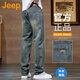 吉普（JEEP）美國正品帥氣牛仔褲夏季男士寬松直筒高街潮牌痞帥闊腿休閑長褲子 復(fù)古綠 薄款 【官方正品】 33 【適合150斤左右】