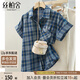 絲柏舍翻領(lǐng)襯衫2025夏裝新款女裝復(fù)古寬松款短袖格紋休閑襯衣