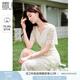 香影（xiangying）v領(lǐng)蕾絲連衣裙女2025夏季新款重工米白色高級(jí)感法式鏤空裙子 米色 M