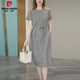 皮爾卡丹（pierre cardin）洋氣格子亞麻連衣裙女夏季新款高端休閑長(cháng)裙女裝氣質(zhì)棉麻裙子 色織格子 M 100斤內送腰帶