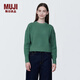 無印良品（MUJI）女式 棱紋編織 圓領短款針織衫 長袖女款 女裝 薄款毛衣 綠色 M (160/84A)