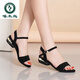 啄木鳥(niǎo)真皮粗跟涼鞋女外穿2025夏季新款休閑時(shí)尚黑色一字扣帶媽媽女鞋 黑色 34