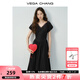 VEGA CHANG【萊賽爾】短袖連衣裙2025新款夏季蕾絲V領(lǐng)泡泡袖長裙 氣質(zhì)黑 M