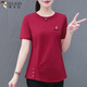 啄木鳥(niǎo)純棉正肩圓領(lǐng)短袖t恤女印花大碼氣質(zhì)媽媽裝休閑顯瘦上衣 棗紅 XL