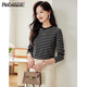 品彩（PinCai）長(cháng)袖T恤女春秋簡(jiǎn)約圓領(lǐng)條紋百搭打底衫P143Z1016