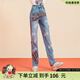 LALABOBO設(shè)計感破洞純棉高腰顯瘦牛仔褲女潮酷小眾字母休閑褲L20B-WXZC14 中藍白 24