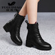富貴鳥(niǎo)馬丁靴女小皮靴2024新款秋冬季真牛皮短靴女粗跟加絨保暖高幫皮鞋 黑色加絨FN0214/0133 -1 37