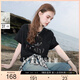 三彩2025夏季新款字母刺繡T恤圓領(lǐng)落肩袖寬松上衣純棉套頭衫休閑M