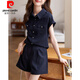 皮爾卡丹（pierre cardin）高檔洋氣兩件套女夏季2025新款寬松顯瘦短袖襯衫闊腿短褲時尚套裝 藏青色(兩件套) 3XL 【135一150斤】