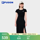 FILA FUSION斐樂潮牌女子針織連衣裙秋新款簡約修身長款裙子 正黑色-BK M