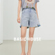 Basic House/百家好復古水洗牛仔短褲高腰小開(kāi)叉直筒褲子夏季新款 牛仔藍 M