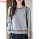 LOVER RUCCI100%純棉全棉線(xiàn)加厚毛衣女圓領(lǐng)撞色正肩合身冬季針織內搭打底衫 灰色 L