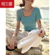 柯蘭娜純棉正肩短袖t恤女裝2025春夏季新款方領(lǐng)顯瘦小個(gè)子獨(dú)特上衣 海域藍(lán)方領(lǐng) 均碼 【適合80-120斤】