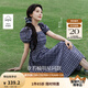 茵曼（INMAN）章若楠同款法式方領(lǐng)格紋連衣裙2025夏季新品女裝泡泡袖裙子 藏青 M
