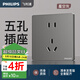 飛利浦（PHILIPS）開關(guān)插座面板S20灰86型斜五孔墻壁插座家用暗裝電工電料二三插座 大間距五孔插座(10A)單只