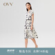 【抽象筆刷印花】OVV22春夏新款女裝23MM重縐真絲包肩短袖連衣裙 米白花紋07 M