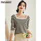 品彩（PinCai）針織衫女曠野美拉德字母胸針?lè )筋I(lǐng)針織T恤條紋內搭上衣P143Z3007