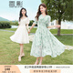 香影（xiangying）碎花v領連衣裙女夏2025新款印花高腰淑女綠色小清新桔梗裙子 綠色 S