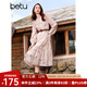百圖betu女裝秋季新款連衣裙法式印花腰帶收腰顯瘦裙子女2408T87 粉紅 L