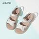 奧康媽媽涼鞋女夏季2025新款牛皮軟底防滑平底中年沙灘鞋LH 米白色 36