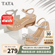 他她（TATA）絕美坡跟涼鞋女度假一字帶時裝涼鞋夏季7MY14BL4 銀色 38