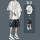遙渠夏季男中式潮流套裝短袖學(xué)生寬松短褲休閑國(guó)風(fēng)兩件套薄款一套搭配 白色T恤+黑色短褲 XL