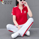 啄木鳥(niǎo)休閑運動(dòng)套裝女2025夏季時(shí)尚短袖t恤立領(lǐng)百搭顯瘦兩件套 大紅 2XL