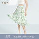 OVV2023春夏新款女裝飄逸靈動(dòng)植物印花真絲順紆縐半身裙單裙 淺綠花紋03 M