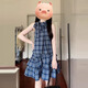 妙奕嘉藍(lán)色掛脖連衣裙裙子女夏季新款小個子顯瘦純欲無袖甜酷高級襯衫裙 藍(lán)色格子無袖荷葉邊連衣裙 L 【建議105-115斤】